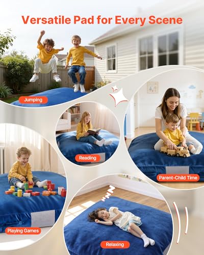 Kids Sensory Crash Pad with Foam Blocks - Large Blue Play Mat, 59.1x59.1x11.8in