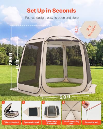 Beige Pop-Up Screen House Tent 10 x 9.2 ft for 4-8 People, Portable Mesh Gazebo with Carry Bag