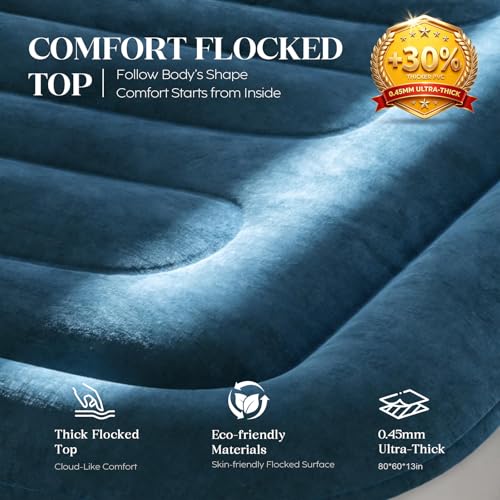 Blue Queen Air Mattress with Built-in Pump - 13 Inch Height, Leakproof, Portable for Home & Camping