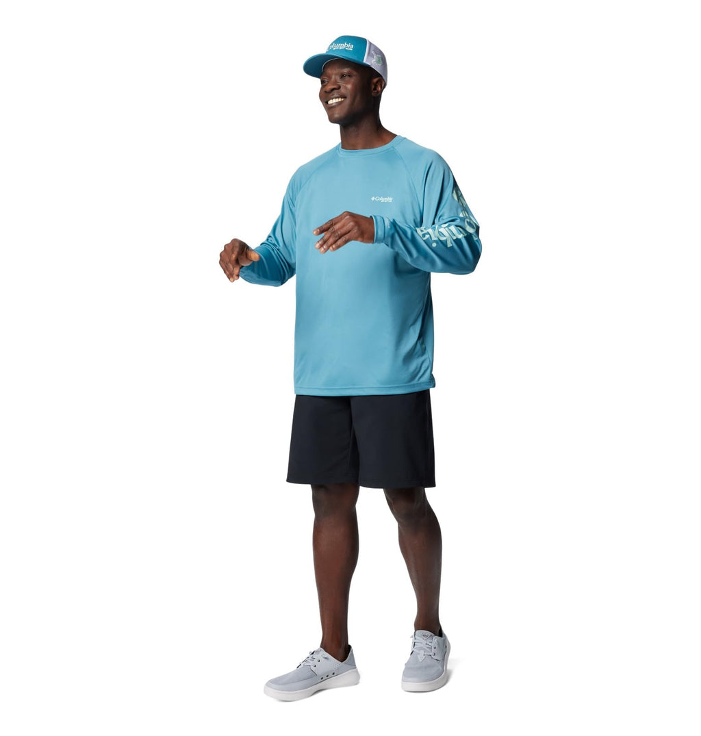 Columbia Men's Terminal Tackle Long Sleeve Fishing Shirt, Canyon Blue/ICY Morn Logo, 2X