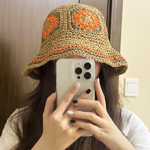 Medium Orange Crochet Straw Sun Hat for Women Wide Brim Beach Cap Summer Holiday