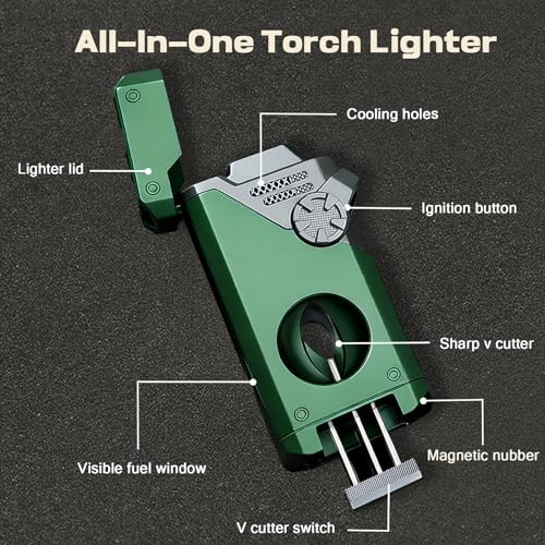 5 in 1 Butane Torch Lighter with Windproof 4-Jet Flame, Refillable, Green