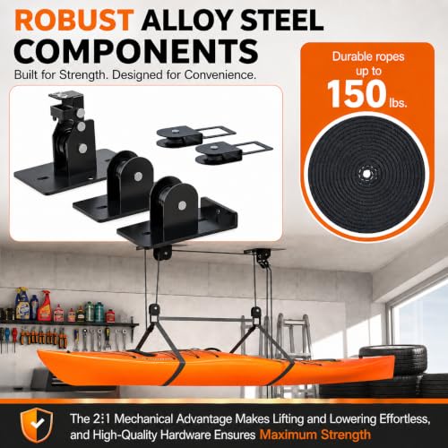 Heavy Duty Kayak Hoist with Garage Pulley System - 150 LBS Capacity, 10-18 ft Ceiling