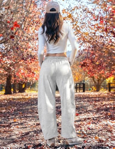 SeekMe Women’s Barrel Leg Sweatpants with Pockets, Drawstring Waist – Heather White, Medium