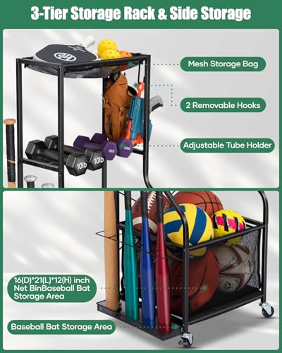 Garage Sports Equipment Organizer Rolling Ball Storage Cart - Black Small