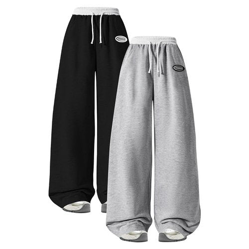 Nivne Tco 2pcs Tween Girls Pants Set Letter Embroidery Seal Details Casual Drawstring Waist Wide Leg Sweatpants (US, Age, 12 Years, Black+Grey)