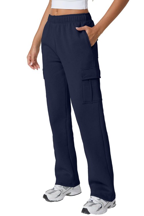 QINSEN Womens Casual Long Cashmere Pants Wide Leg Sweatpants with Pockets Lounge Navy S