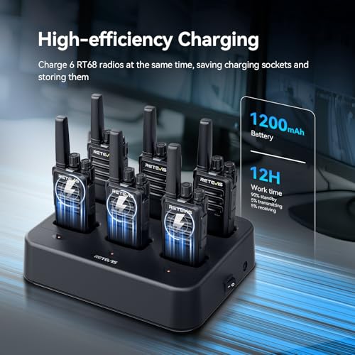 Long Range Walkie Talkies with Earpieces and 6-Unit Charging Station - 6 Pack