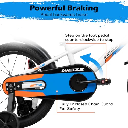 WEIZE Kids Bike 16 Inch Bicycle for Boys & Girls - White/Black, Lightweight, Beginner-Friendly