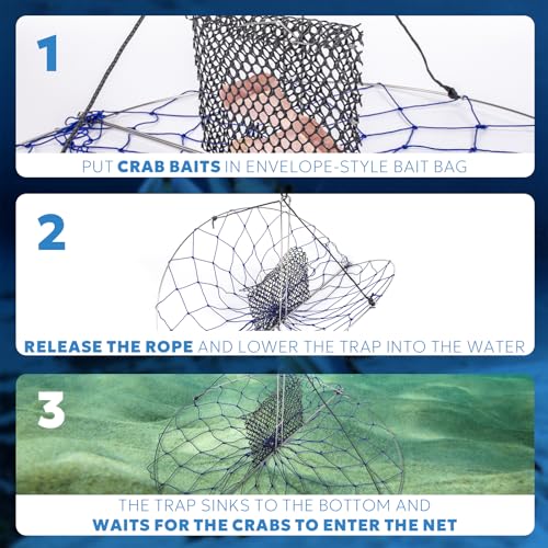 Castable Crab Trap Kit - Foldable 24-Inch Net with 110ft Line & Bait Pin - Variation CN004A-2