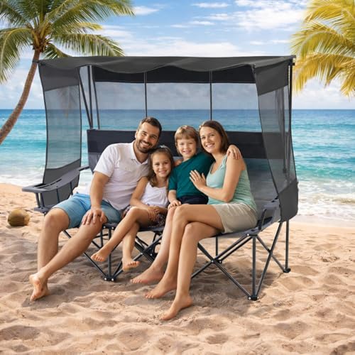 Teenyyou 3 Person Camping Chair with Canopy - Heavy Duty 990lbs Support, Black Gray
