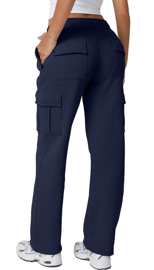 QINSEN Womens Casual Long Cashmere Pants Wide Leg Sweatpants with Pockets Lounge Navy S