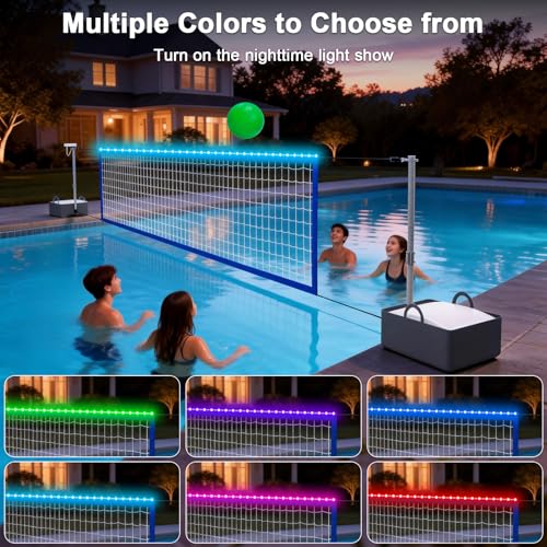 KOOHYIA 15-32ft Adjustable Pool Volleyball Net Set with LED Solar Lights, Portable Water Game