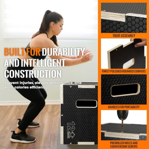 CAELUM 3-in-1 Black Wooden Plyometric Jump Box - 24 x 20 x 16 inches, Non-Slip Gym Equipment