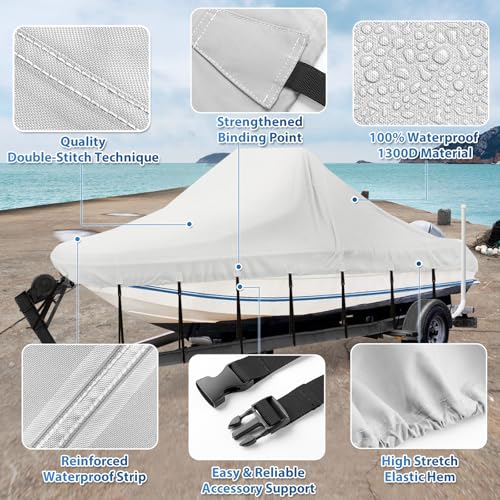 17-19 ft Waterproof Boat Cover for Center Console Boats Gray 1300D PU Trailerable