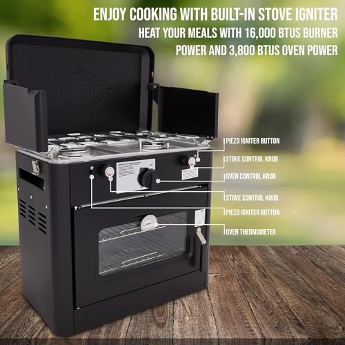 Outdoor Gas Camping Oven - Black - Portable 2-Burner Stove with Carry Bag