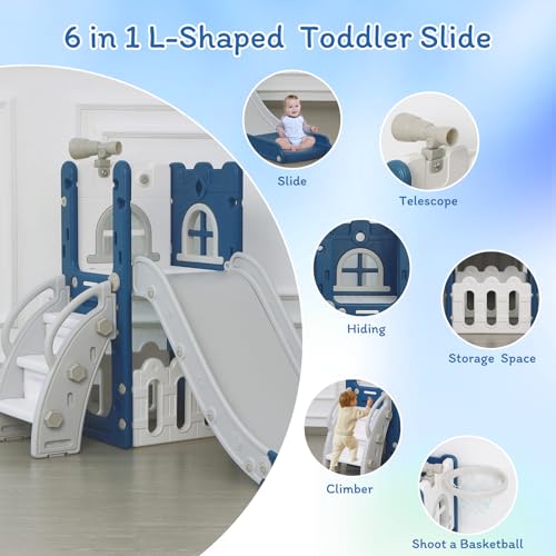 Blue 6-in-1 Toddler Slide Climber Playset with Basketball Hoop & Storage