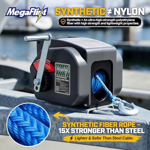 Megaflint 3500 lbs Electric Boat Trailer Winch 12V Waterproof Remote & Hand Crank