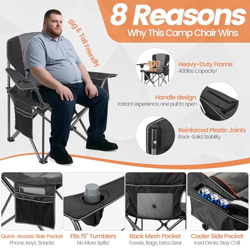 WEIDIORME 2-Pack Heavy Duty Oversized Camping Chairs 400lbs with Lumbar Support Black