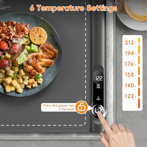 XL Large Food Warming Mat 23x15 in Graphene Technology, 6 Temp Modes, Gray