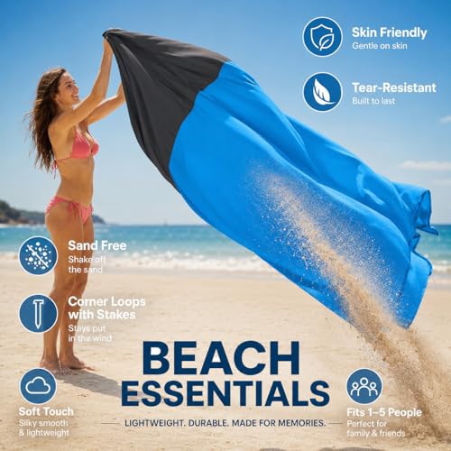 Aqua Blue Sandproof Waterproof Beach Blanket - Extra Large 79 x 55 Inch Outdoor Mat for Travel Camping Hiking