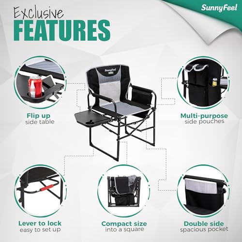 Black Oversized Camping Chair with Side Table - Portable Directors Chair