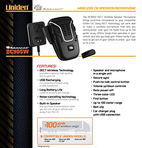 Uniden BC906W Wireless CB Microphone & Speaker, 100m Range, Noise-Canceling