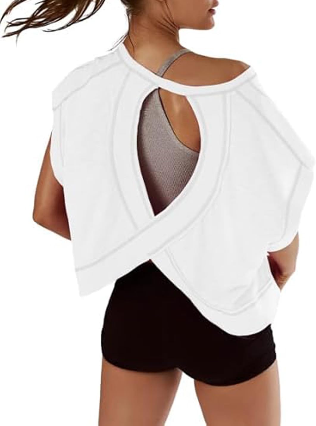 VIEWON Women's Workout Top - Open Back Short Sleeve Gym Yoga Tee | Y2K Crop Design