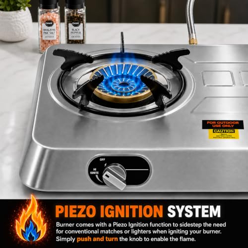 Deluxe Double Burner Propane Stove - 25,516 BTU Outdoor Camping Cooktop with Auto Ignition, Portable Stainless Steel Gas Stove for RV, Tailgating & Camping