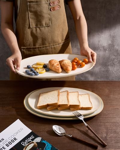 Famiware Vanilla White Serving Platters Set of 3 - Oval Stoneware Trays for Food