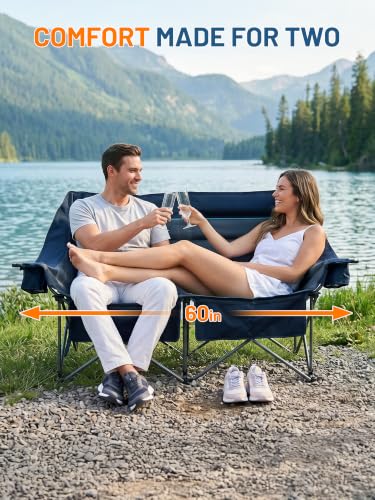 Loveseat Blue Camping Chair - Oversized Double Folding Camp Couch for Outdoor Relaxing