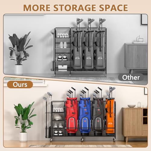 GloCryp 3 Golf Bag Storage Organizer for Garage - Heavy-Duty Steel, Rolling & Lockable, Multi-Shelf Golf Equipment Rack