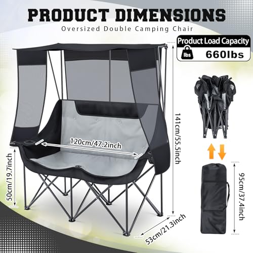 Teenyyou Double Camping Chair with Canopy Black and Grey - Heavy Duty 660lbs
