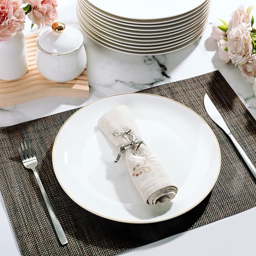 White Porcelain Dinner Plates Set of 12 - 10.5 inch Gold Rimmed, Classic Style