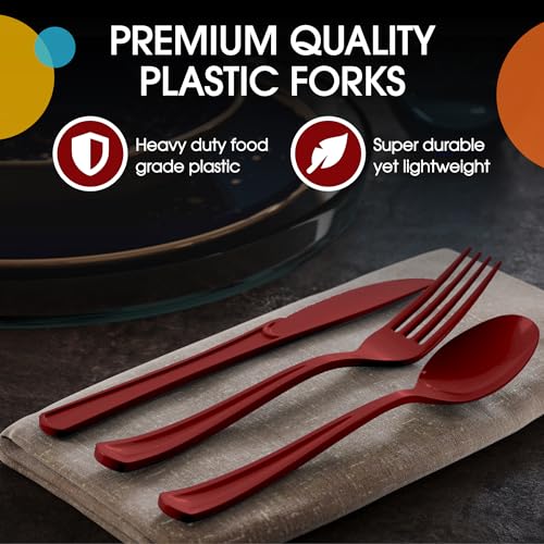 Burgundy Plastic Disposable Cutlery Set 150 Pcs - Forks Spoons Knives