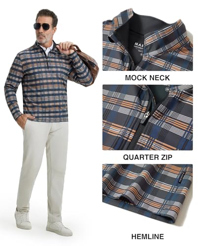 Men's Quarter Zip Golf Pullover - Dry Fit Long Sleeve Performance Wicking Full Print XX-Large Blue White Yellow Plaid