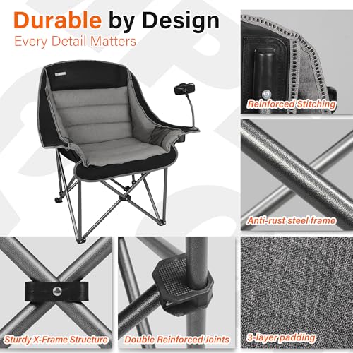 CAMPHILL Oversized Black Camping Chair for Adults, Heavy Duty 400Lbs Folding Lawn Seat with Padded Comfort, Phone & Cup Holders