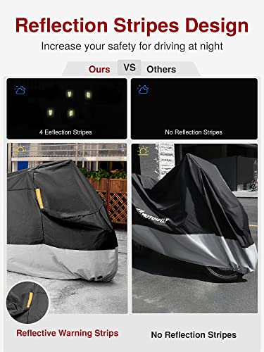 Heavy Duty Waterproof Motorcycle Cover with Reflective Strips & Lock Holes - Fits Up to 105 Inch Bikes