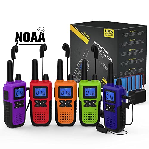 Topsung 5 Long Range Walkie Talkies for Adults with Earpieces - Blue/Green/Orange/Purple/Red
