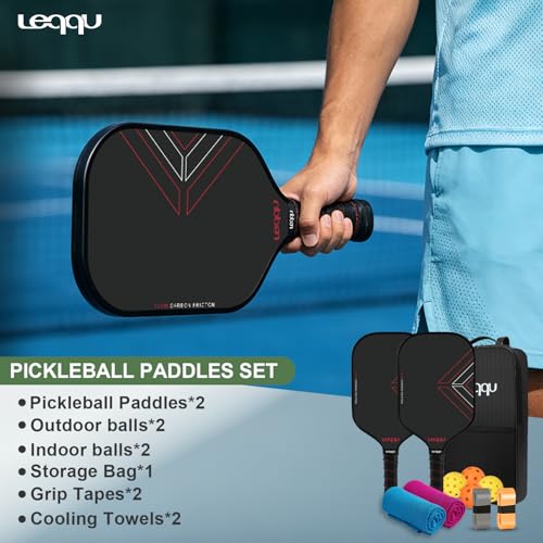 Lequq 16mm T700 Raw Carbon Fiber Pickleball Paddles Set of 2 - Red Variation for Beginners