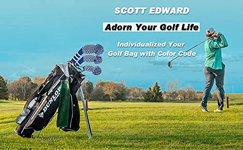 Scott Edward Personalized Knit Golf Club Covers 4 Counts for Woods and Driver Fit Max Drivers Fairways Hybrids/Utility Big Pom Pom Customized Patterns Decorate Golf Bags (Blue Reticulated)