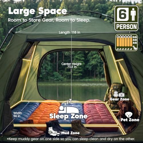 6 Person Camping Tent with 2 Doors Rainfly - Green, Extra Spacious