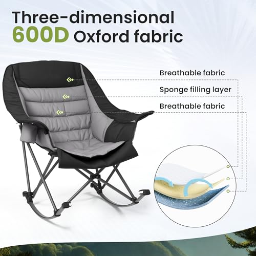 Oversized Foldable Rocking Camping Chair with Cup Holder & Side Pocket - Black & Gray