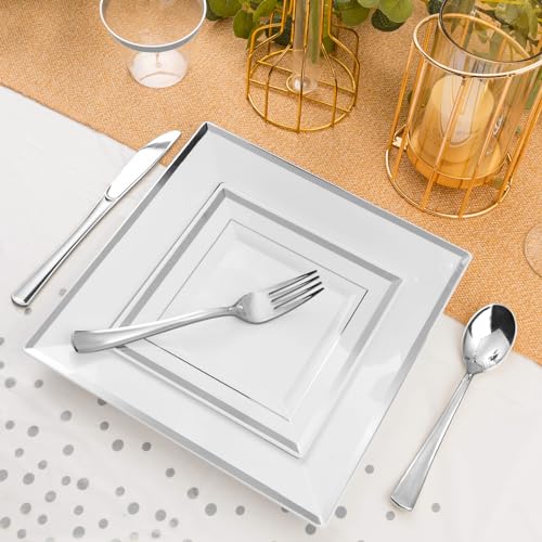 Goodluck 352-Piece Silver Square Plastic Dinnerware Set for 50 Guests - Elegant Party Plates & Tableware