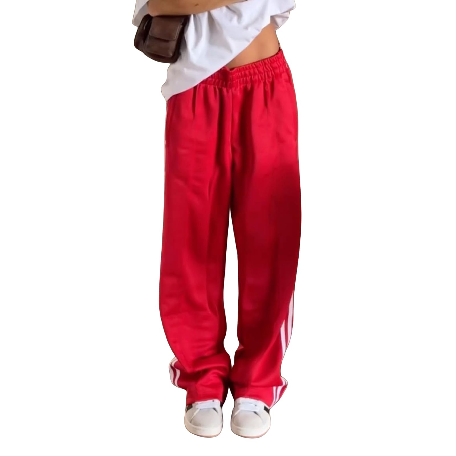 Women Side Striped Track Pants Y2k Drawstring Waist Wide Leg Cargo Sweatpants Casual Loose Jogger Lounge Pants(Basic Red,Large)