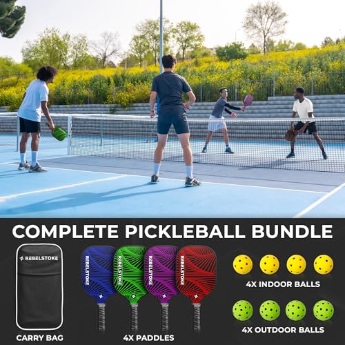 Rebelstoke Abstract Lines Pickleball Paddle Set of 4 with Balls & Carry Bag