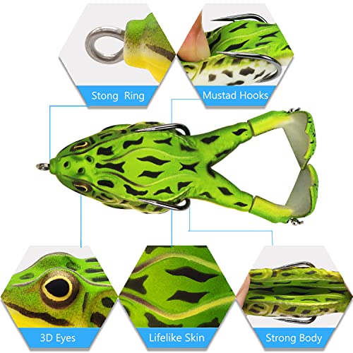 Soft Frog Fishing Lures Kit - Double Propeller Legs, 5 pcs, 3.5in, Silicone Skin, Freshwater Bass and Pike Baits