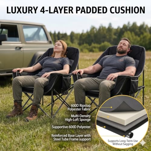 FAIR WIND 2 Pack XL Heavy Duty Camping Chairs Black - Oversized, Padded, Portable