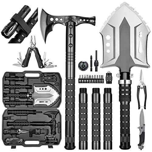28-in-1 Camping Survival Shovel Set with Axe, Flashlight & High Carbon Steel