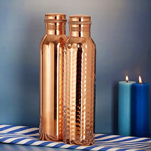 Pure Copper Water Bottles Set of 2 1000ML Unlined Lacquer-Free Ayurveda